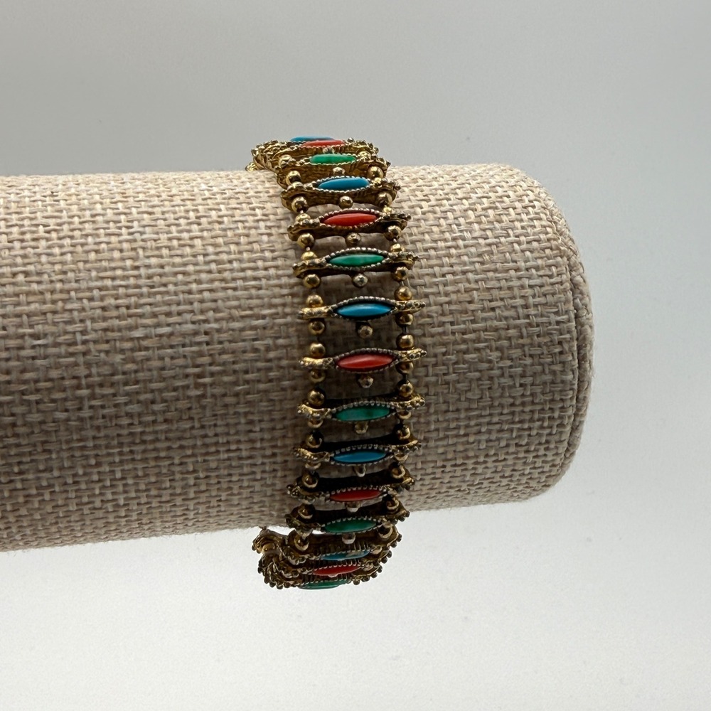 Medieval Gold Tone Boho Western Ethereal Multi Color Stone Link Bracelet OS Gold